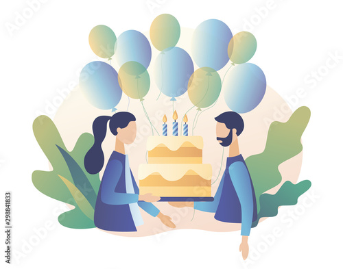 Happy birthday concept. Guy and girl with birthday cake. Modern flat cartoon style. Vector illustration