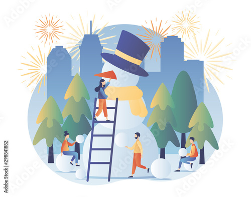 Merry Christmas. Winter Holidays concept. Tiny people making snowman. Modern flat cartoon style. Vector illustration