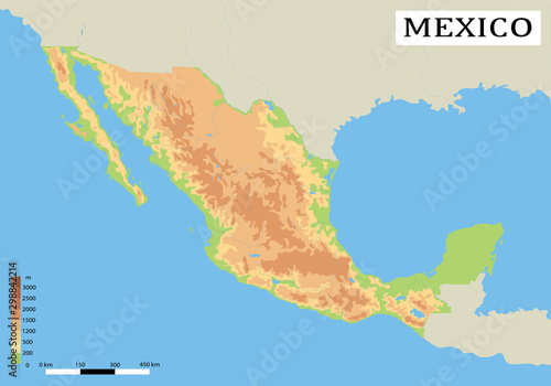 Mexico. Detailed physical map of country colored according to elevation, with rivers, lakes, mountains. Topography and geographi map of Mexico. Vector illustration. EPS 10