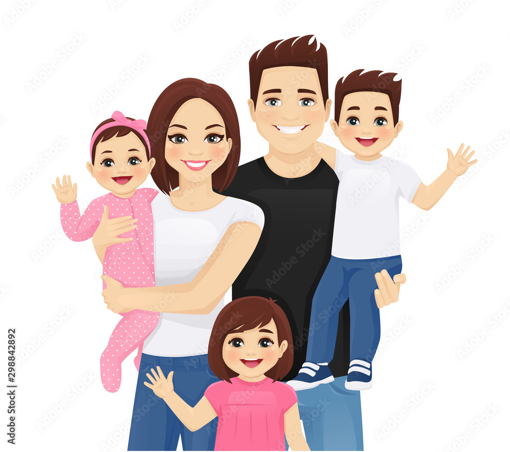 Young parents with newborn baby and toddler boy and girl vector illustration isolated. Happy family portrait. Mother, father, daughter, son. Young parents with newborn baby and toddler boy and girl vector illustration isolated. Happy family portrait. Mother, father, daughter, son.