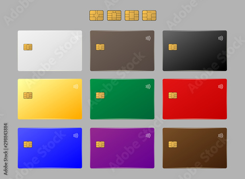 Color credit plastic card with emv chip. Contactless payment