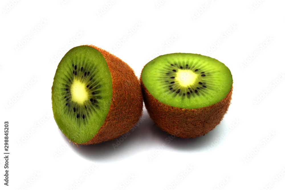 kiwi cut in two halves, white background, macro kiwi cut in two halves, white background, macro