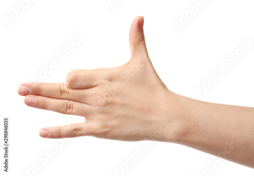Hand of woman showing dog on white background