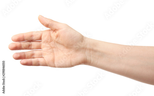 Hand of woman on white background