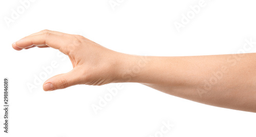 Hand of woman holding something on white background
