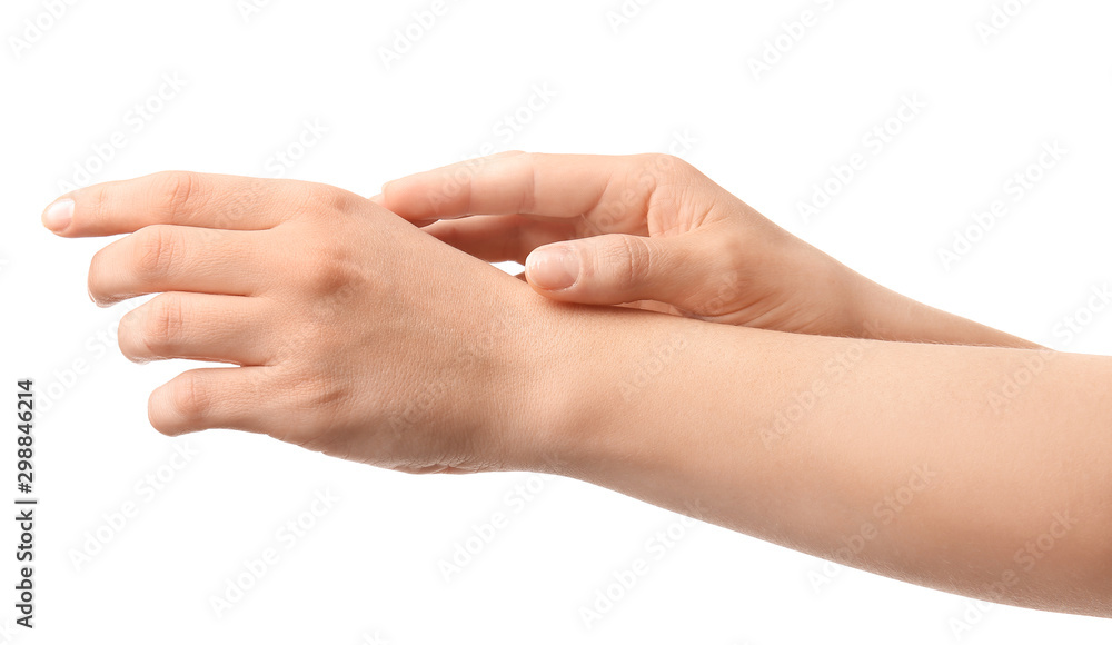Hands of woman on white background Hands of woman on white background