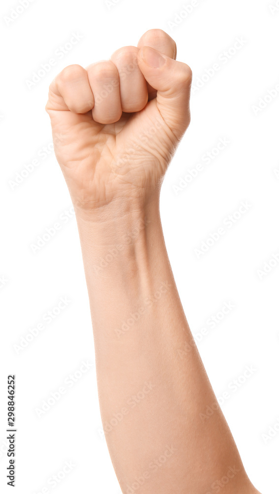 Hand of woman with clenched fist on white background Hand of woman with clenched fist on white background