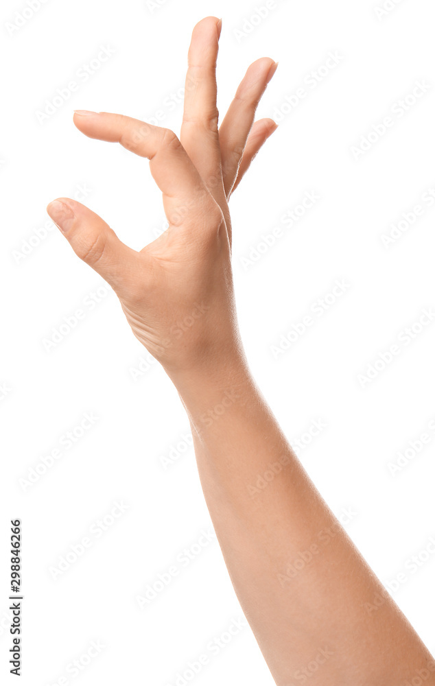 Hand of woman holding something on white background Hand of woman holding something on white background