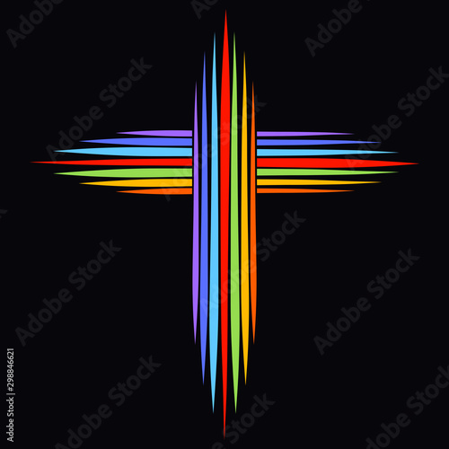Schilderij op canvas Christian rainbow cross made of lines on a black background