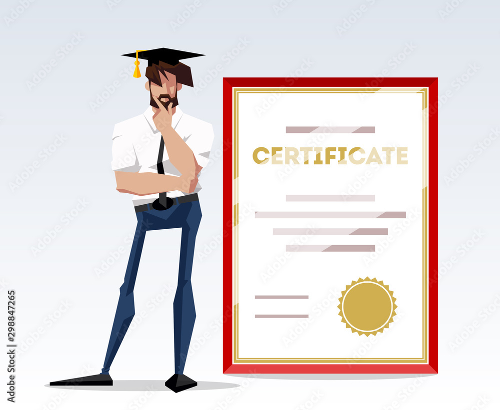 flat design illustration of a character businessman standing with a big certificate and thoughtful. Flat design banner isolated on white background manager or student with diploma