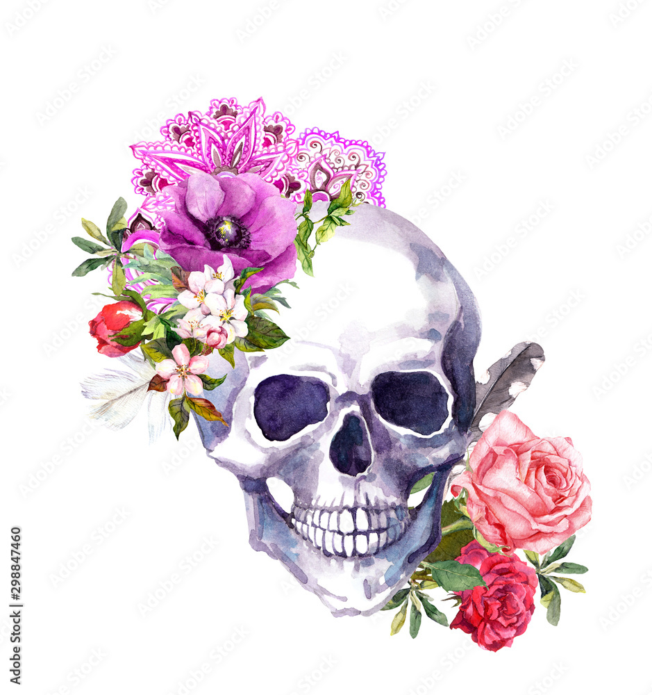 Human skull with flowers, decorative ornament, feathers in vintage boho style. Watercolor Human skull with flowers, decorative ornament, feathers in vintage boho style. Watercolor