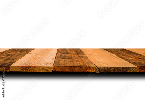 Wooden top of the table from dark and light planks for ecologycal and natural nature concept. Isolated on white background.