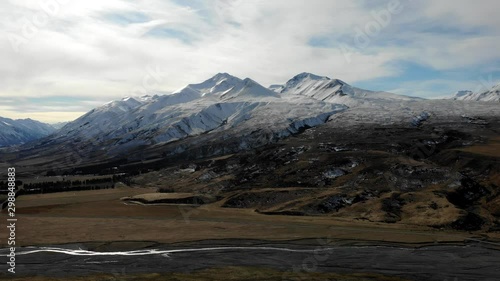 Scenic aerial view of Mount Somers, New Zealand. Video contains noise due to shot in small sensor camera