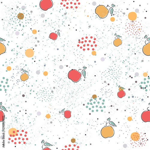 Fototapeta Naklejka Na Ścianę i Meble -  Cute Seamless Pattern with pears and dotted background. hand Drawn Delicate Design. Scandinavian Style. For cards, templates, gift paper, prints, decorations, templates, etc.