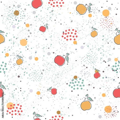 Cute Seamless Pattern with pears and dotted background. hand Drawn Delicate Design. Scandinavian Style. For cards, templates, gift paper, prints, decorations, templates, etc.