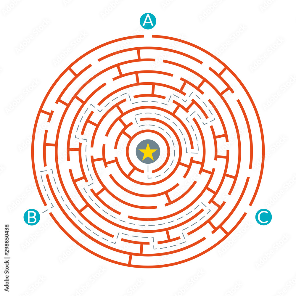 Labyrinth maze game. Circle puzzle. Find exit or right way challenge. Vector illustration. Labyrinth maze game. Circle puzzle. Find exit or right way challenge. Vector illustration.