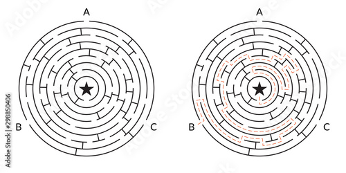 Labyrinth maze game. Circle puzzle. Find exit or right way challenge. Vector illustration.