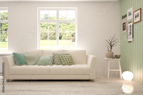 Stylish room in white color with sofa and summer landscape in window. Scandinavian interior design. 3D illustration