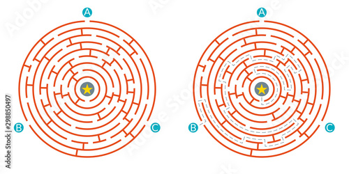 Labyrinth maze game. Circle puzzle. Find exit or right way challenge. Vector illustration.
