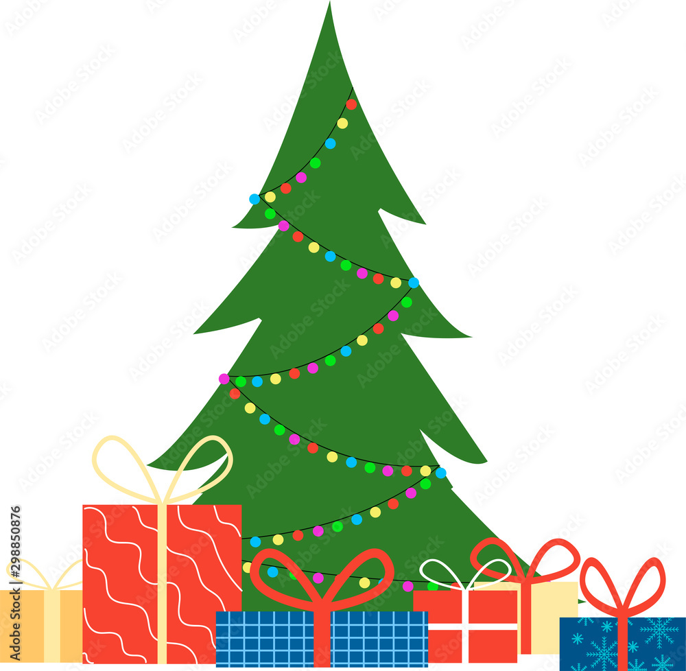 Christmas tree and gifts in flat design style, vector illustration