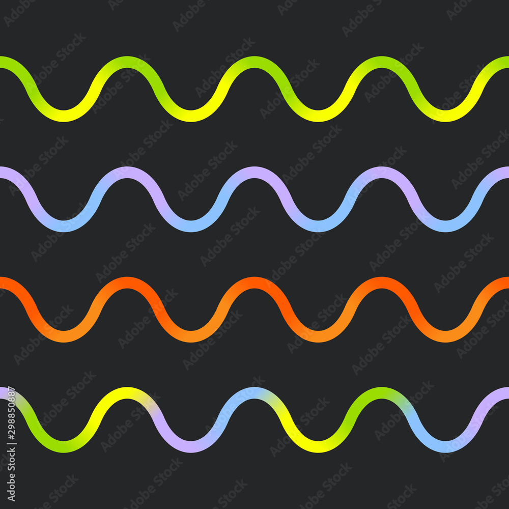 Set of Multicolored Gradient Wavy Lines on a Black Background. Wavy lines are Seamless. Set of Multicolored Gradient Wavy Lines on a Black Background. Wavy lines are Seamless.