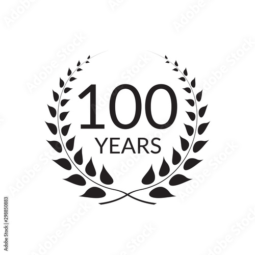 100 years anniversary logo with laurel wreath frame. 100th birthday celebration icon or badge. Vector illustration.