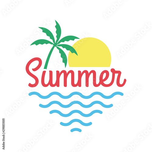 Summer logo with beach, palm tree, sun and sea or ocean. Tropical T-shirt typography design. Apparel graphic. Vector illustration.