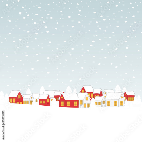 Winter landscape with country houses, fir trees and snow. Winter background for Christmas and New year.