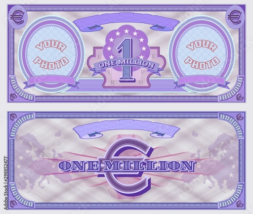 One million euros purple banknote sample with two ovals for your photos
