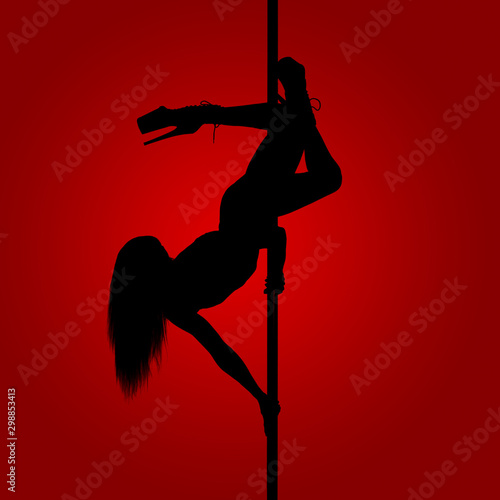 Silhouette of a slender girl while performing dance elements on a pylon. Red gradient background.