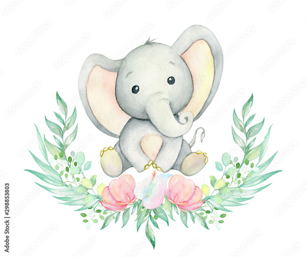 Obraz Akwarela, rysunek słonia. Słodki słoń siedzący, otoczony wieńcem tropikalnych roślin i kwiatów. Ustaw na na białym tle. Dla kart i zaproszeń dla dzieci.