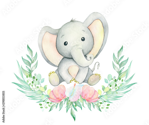 Obraz na płótnie Akwarela, rysunek słonia. Słodki słoń siedzący, otoczony wieńcem tropikalnych roślin i kwiatów. Ustaw na na białym tle. Dla kart i zaproszeń dla dzieci.