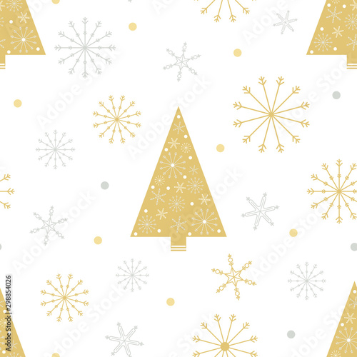 Seamless pattern cold Winter in Christmas Day with Cute cartoon of Christmas tree and snowflakes in different size in silver and yellow gold on white background, Vector seamless for wrapping paper