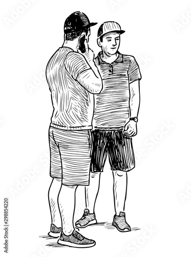 Sketch of casual young townsmen standing and talking on smartphone on summer day