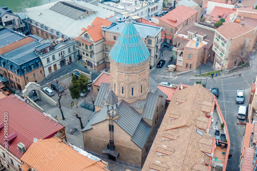 Aerial view of Narikala fortress and old town in Tbilisi, the capital of Georgia. Tbilisi old town.