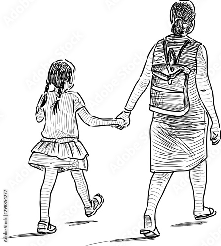 Sketch of mother with her little daughter going on a stroll on summer day