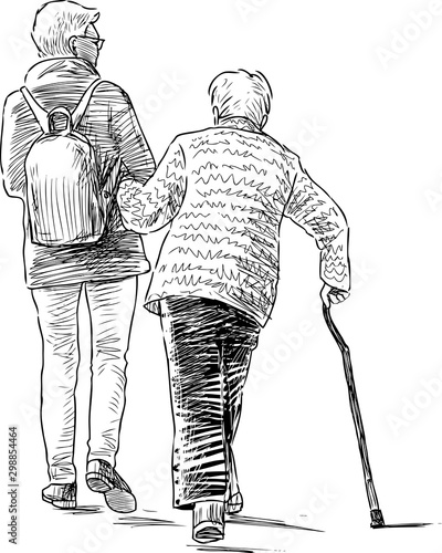 Sketch of old woman with her daughter going on a stroll