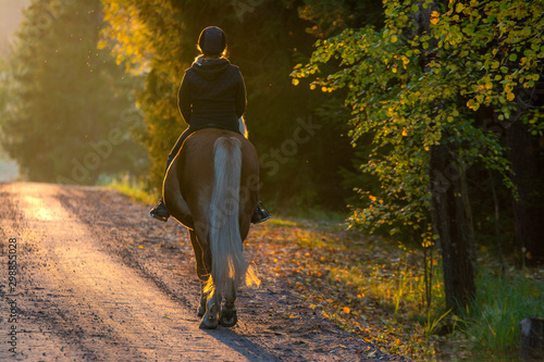 Fotobehang Woman horseback riding in sunset