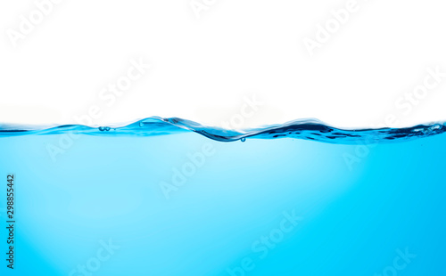 Blue water splashs wave surface with bubbles of air on white background.