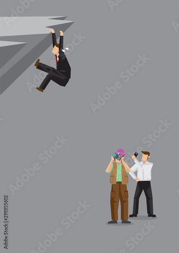 Bystanders Taking Pictures of Man Clinging on Dangerous Cliff Cartoon Vector Illustration