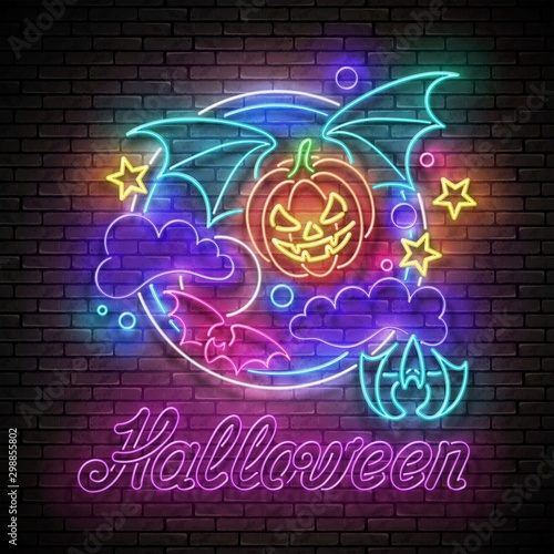 Glow Halloween Greeting Card with Vampire Pumpkin on the Night Sky and Inscription