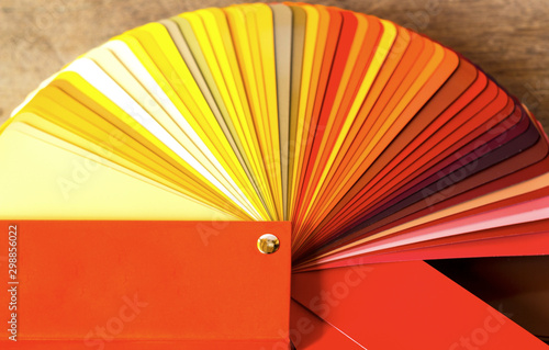 primary colors sample paint brushes have a wooden background paint.