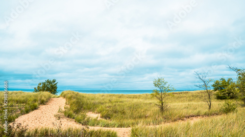 Sandy dunes and grass in New Buffalo, Michigan on the lake.
