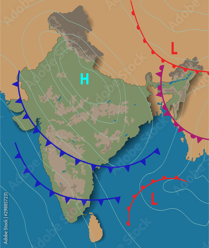 Weather map of the India. Chart synoptic showing isobars and weather fronts. Meteorological forecast. Topography and physical map of India. Vector illustration. EPS 10