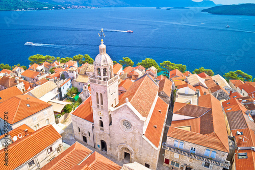 Korcula. Historic town of Korcula cathedral and architecture aerial view photo
