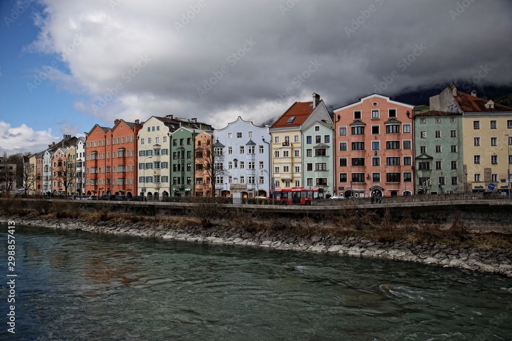 Colorful house near the river in the city of Innsbruck. Austria