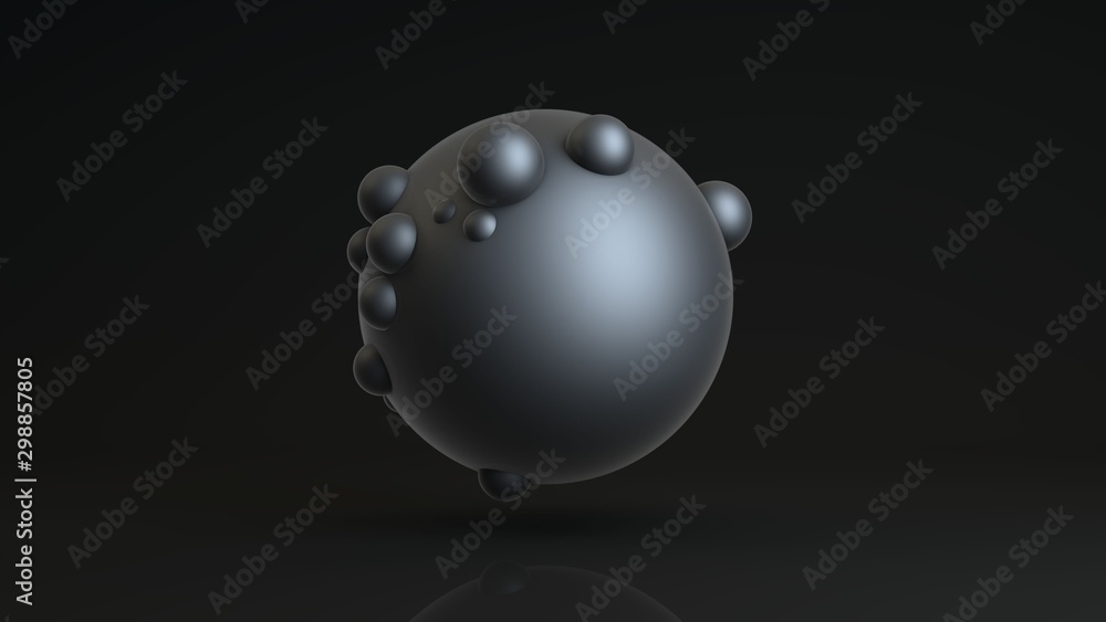 3D rendering of a large sphere and many small ones immersed in the surface of a large one. Abstract image of spherical figures on a dark reflective background. The idea for a futuristic compositions.