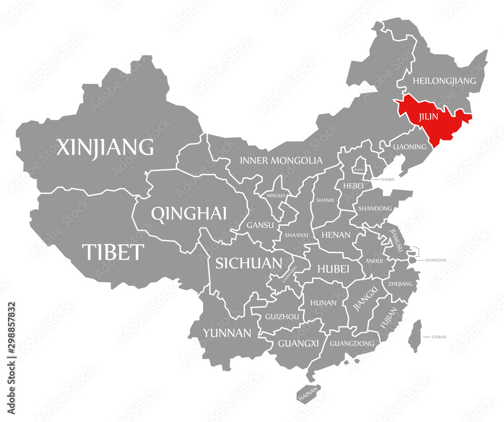 Obraz premium Jilin red highlighted in map of China