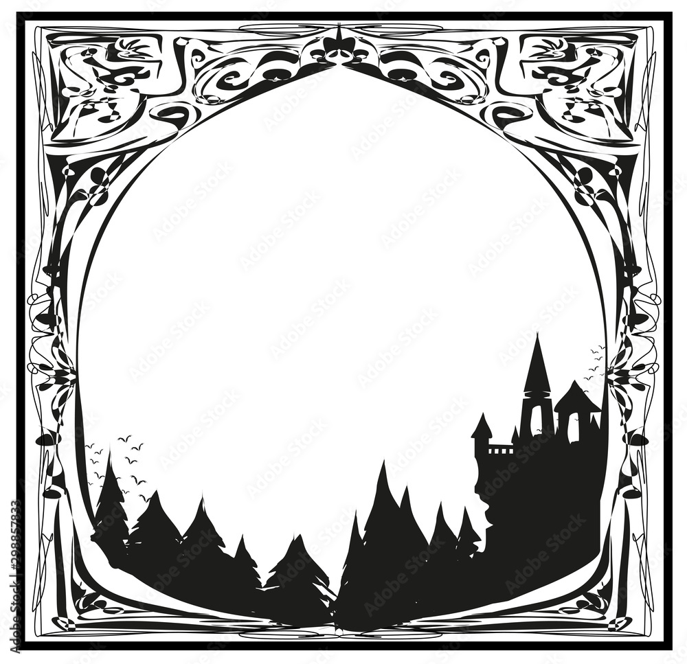 Obraz premium Halloween frame with castle and cemetery.