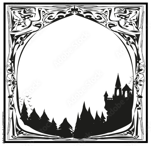 Halloween frame with castle and cemetery.